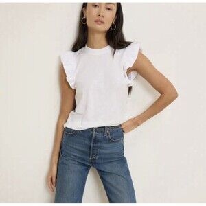 NATION LTD Paulette White Ruffle Sleeve Crewneck Tank Top Sz Small Pima Cotton